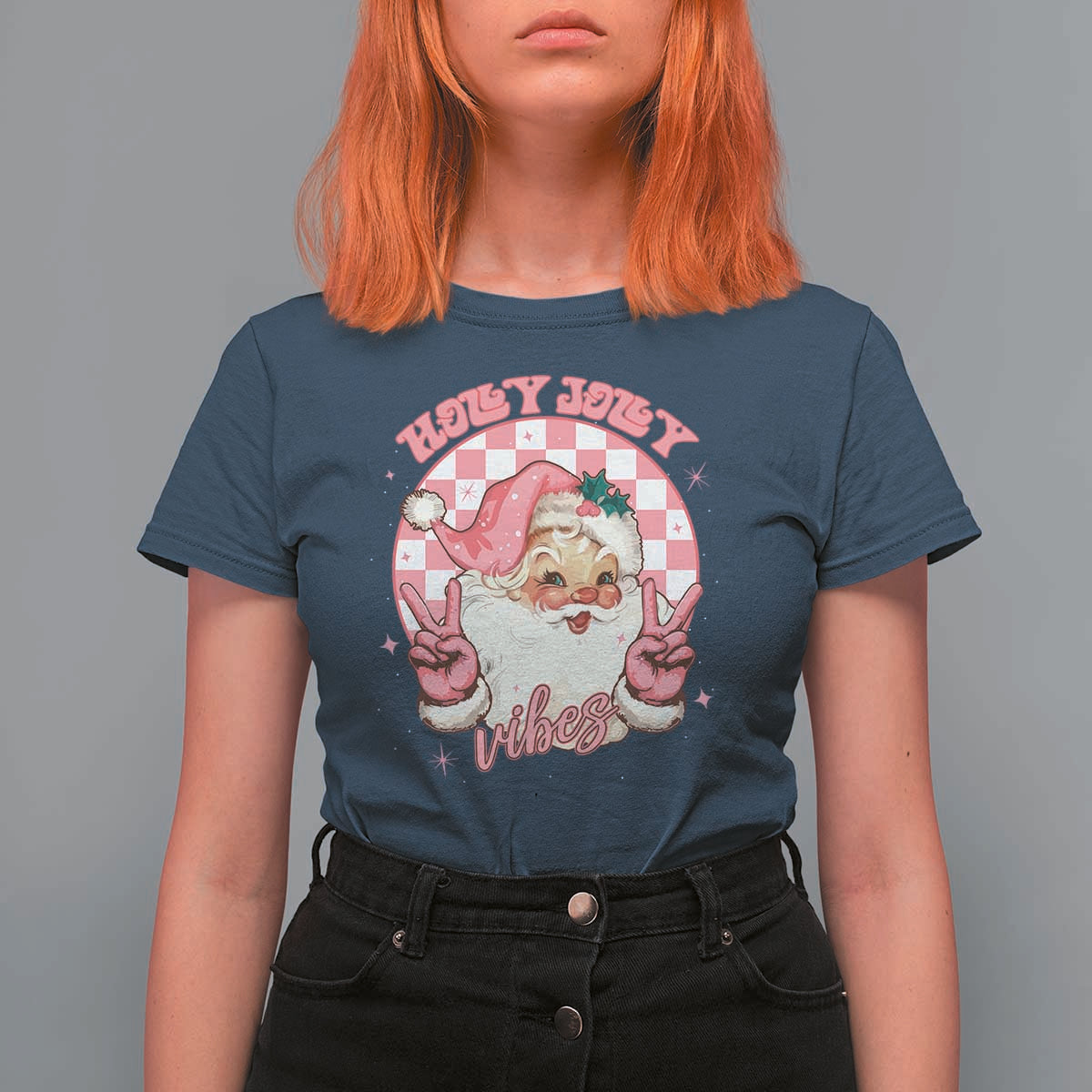 Funny Christmas T Shirt For Women Holly Jolly Vibes Retro Pink Santa - Wonder Print Shop