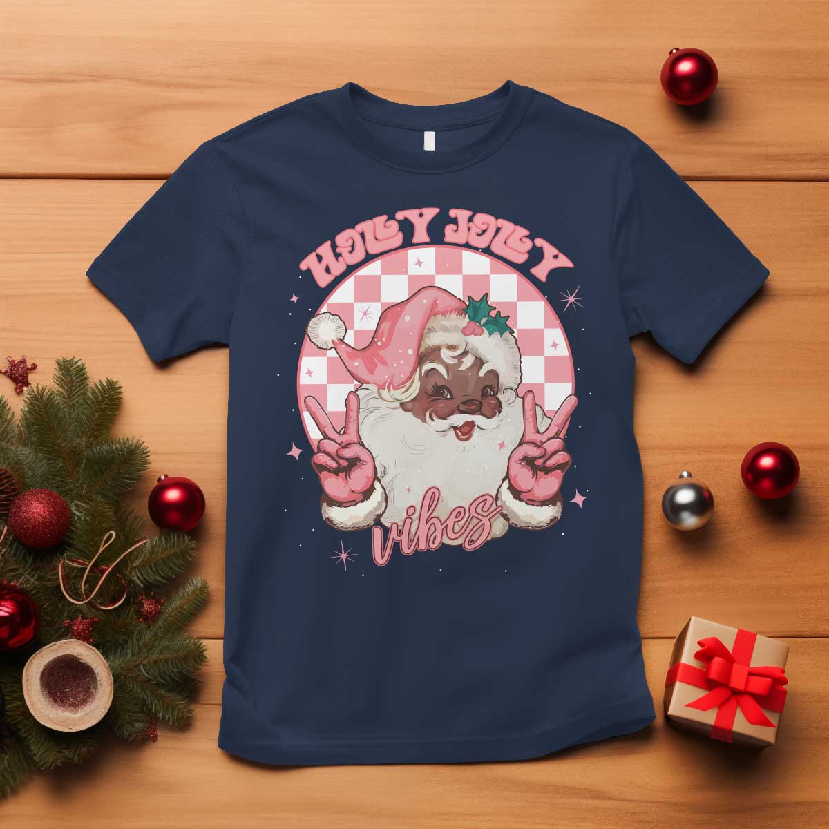 Funny Pink Christmas Retro Black Santa T Shirt Holly Jolly Vibes - Wonder Print Shop