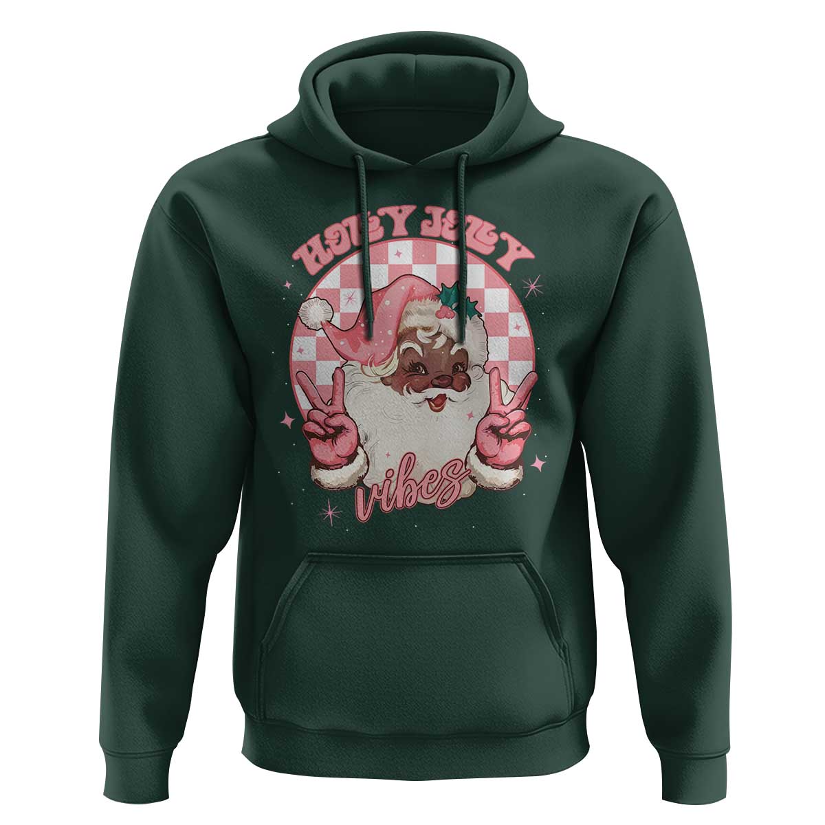 Funny Pink Christmas Retro Black Santa Hoodie Holly Jolly Vibes