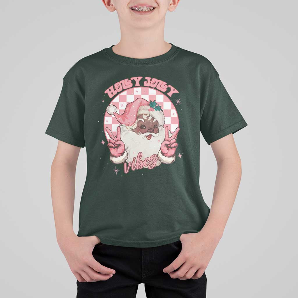 Funny Pink Christmas Retro Black Santa T Shirt For Kid Holly Jolly Vibes - Wonder Print Shop