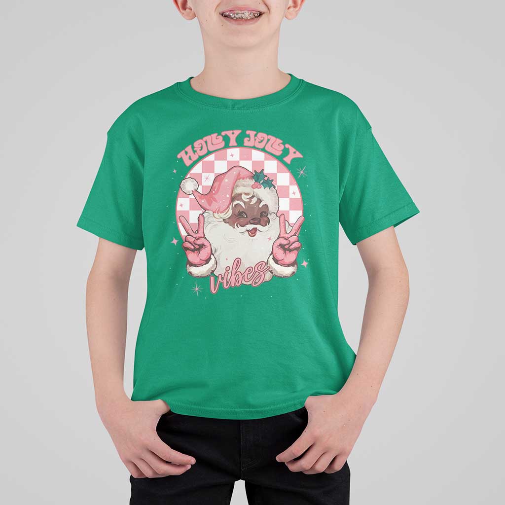 Funny Pink Christmas Retro Black Santa T Shirt For Kid Holly Jolly Vibes - Wonder Print Shop