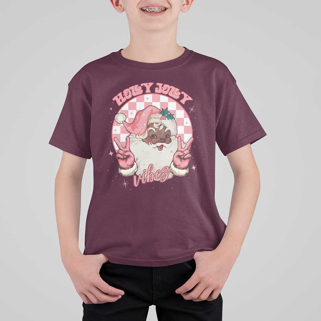 Funny Pink Christmas Retro Black Santa T Shirt For Kid Holly Jolly Vibes - Wonder Print Shop