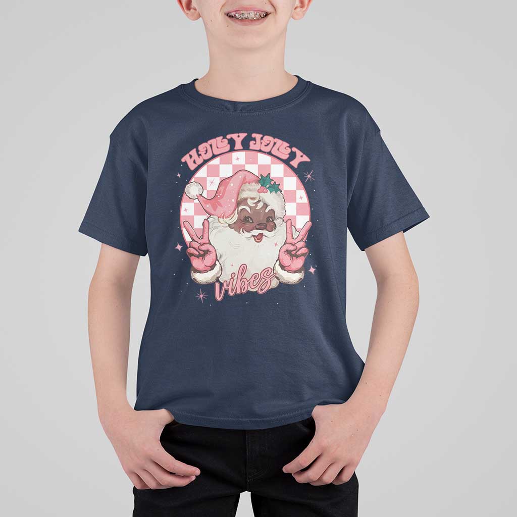Funny Pink Christmas Retro Black Santa T Shirt For Kid Holly Jolly Vibes - Wonder Print Shop