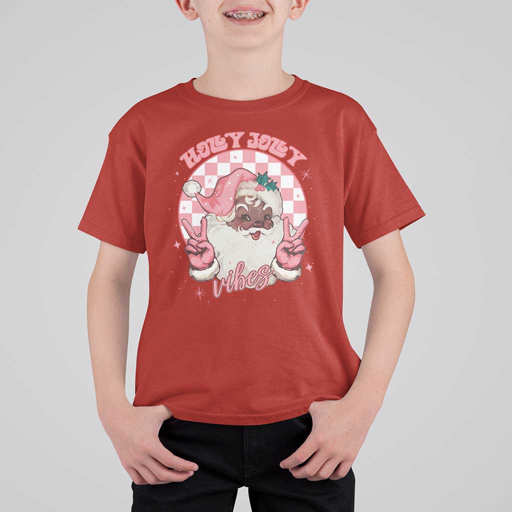 Funny Pink Christmas Retro Black Santa T Shirt For Kid Holly Jolly Vibes - Wonder Print Shop