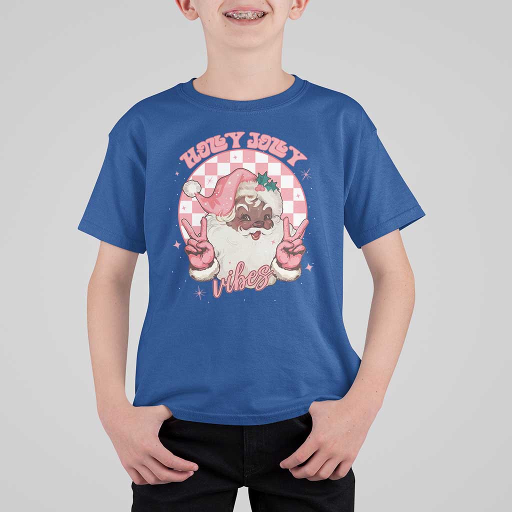Funny Pink Christmas Retro Black Santa T Shirt For Kid Holly Jolly Vibes - Wonder Print Shop