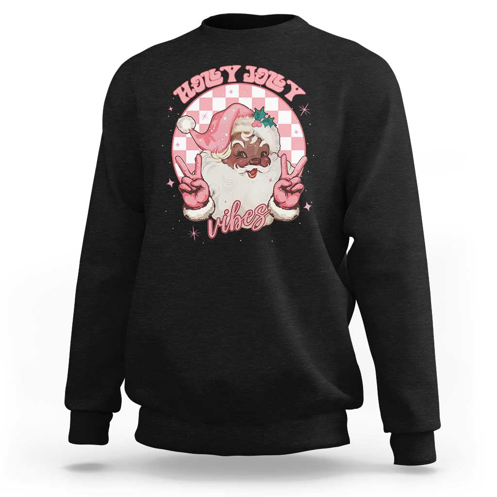 Funny Pink Christmas Retro Black Santa Sweatshirt Holly Jolly Vibes - Wonder Print Shop