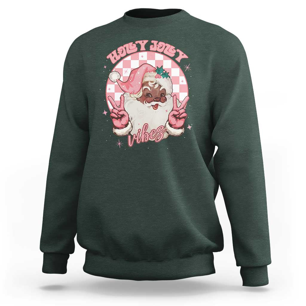 Funny Pink Christmas Retro Black Santa Sweatshirt Holly Jolly Vibes - Wonder Print Shop