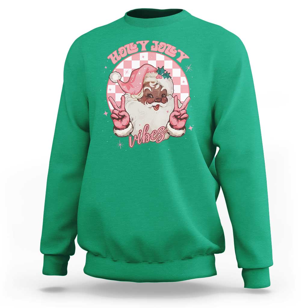 Funny Pink Christmas Retro Black Santa Sweatshirt Holly Jolly Vibes - Wonder Print Shop