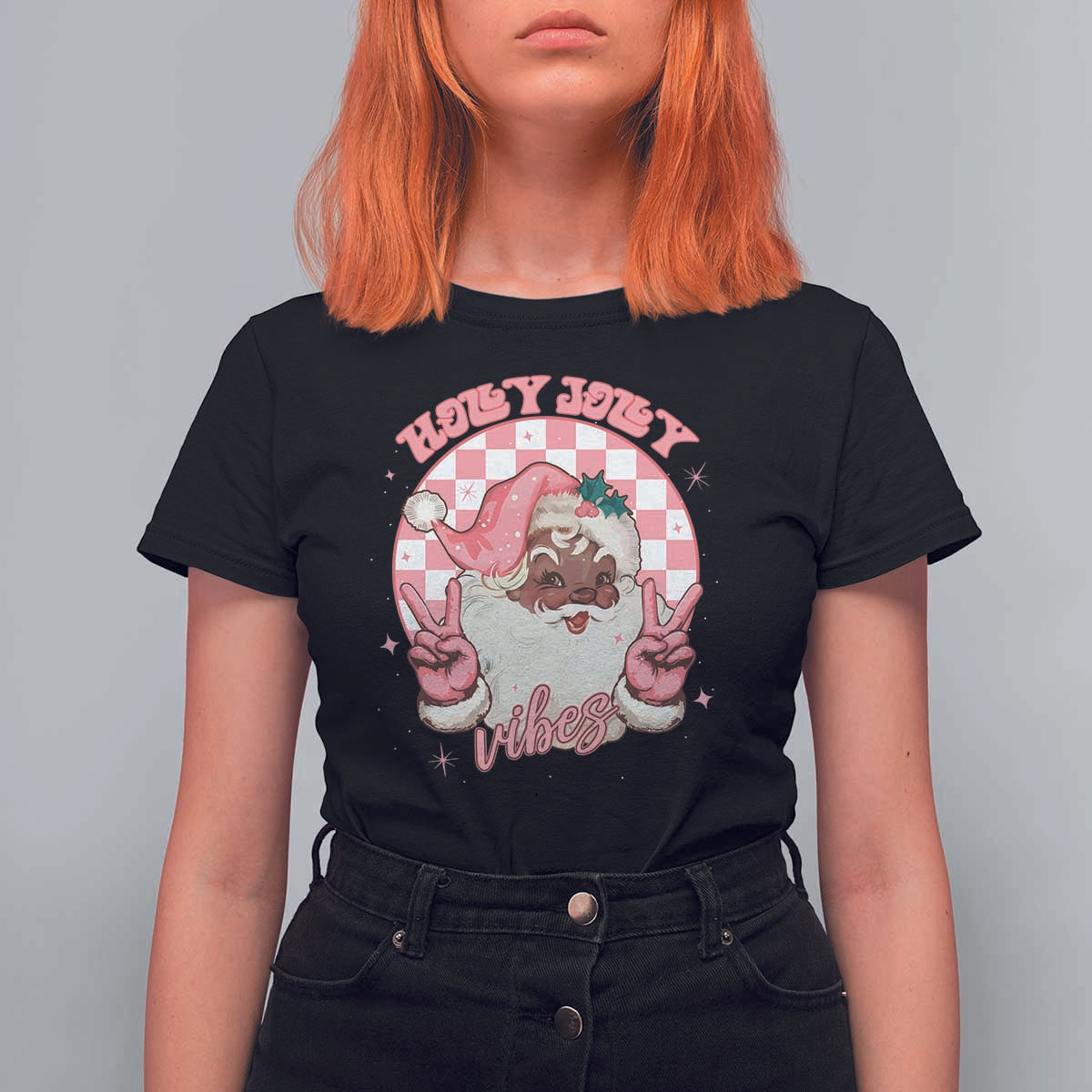 Funny Pink Christmas Retro Black Santa T Shirt For Women Holly Jolly Vibes - Wonder Print Shop
