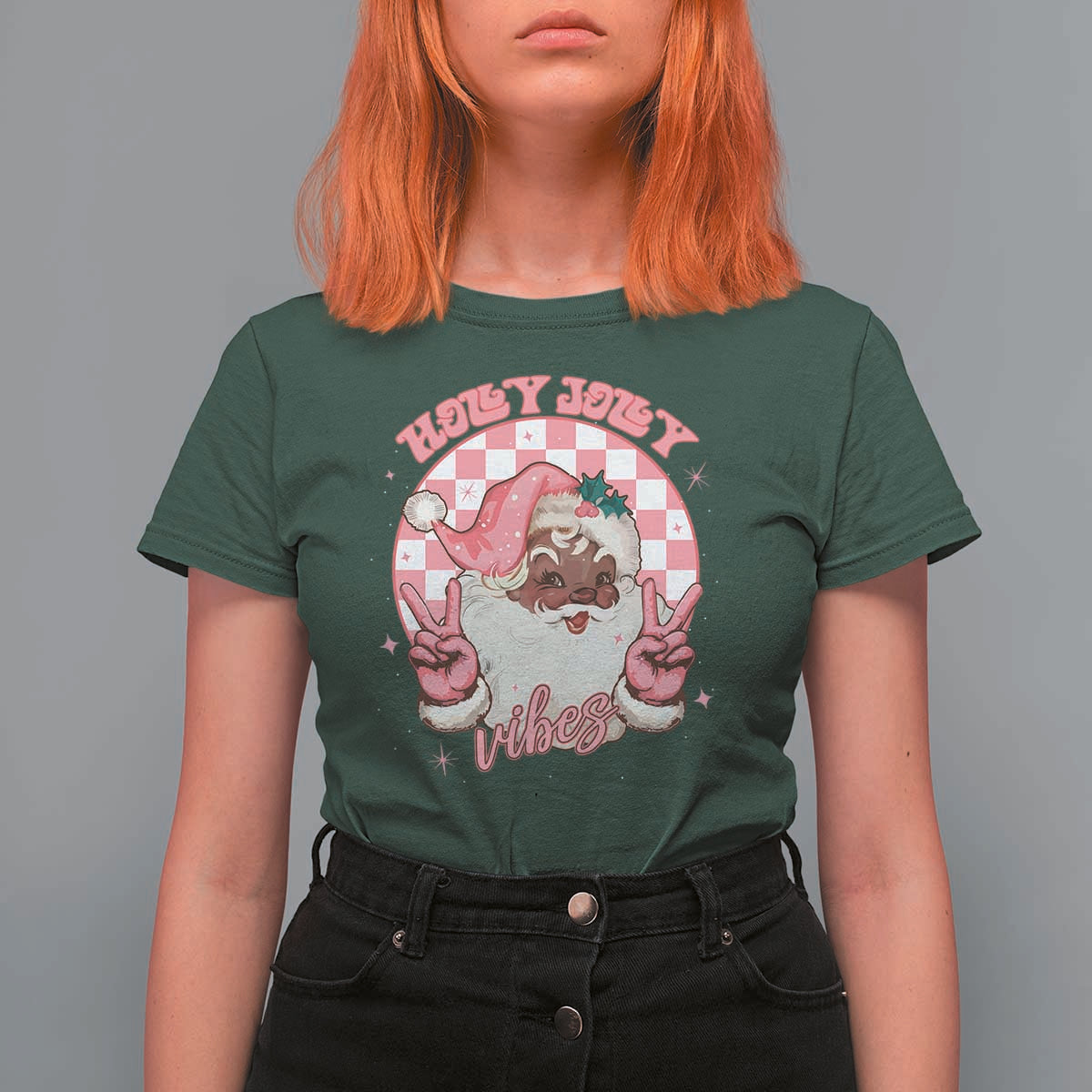 Funny Pink Christmas Retro Black Santa T Shirt For Women Holly Jolly Vibes - Wonder Print Shop