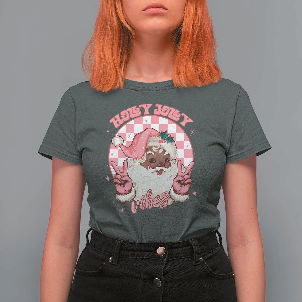 Funny Pink Christmas Retro Black Santa T Shirt For Women Holly Jolly Vibes - Wonder Print Shop