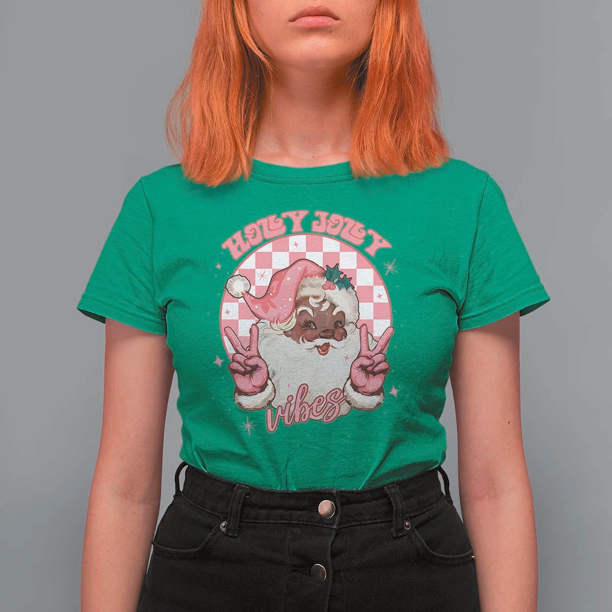 Funny Pink Christmas Retro Black Santa T Shirt For Women Holly Jolly Vibes - Wonder Print Shop