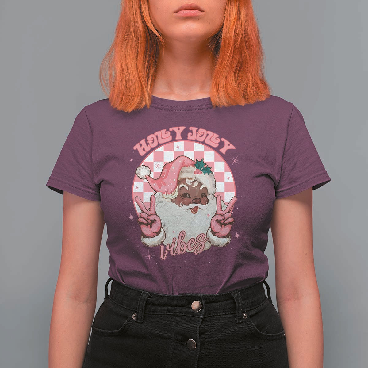 Funny Pink Christmas Retro Black Santa T Shirt For Women Holly Jolly Vibes - Wonder Print Shop