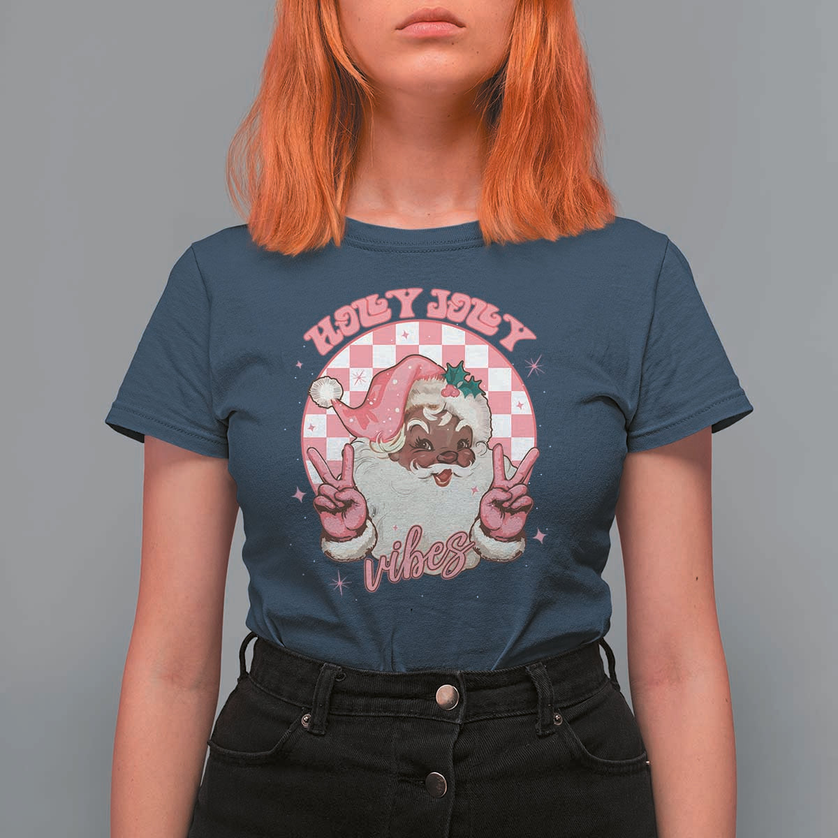 Funny Pink Christmas Retro Black Santa T Shirt For Women Holly Jolly Vibes - Wonder Print Shop