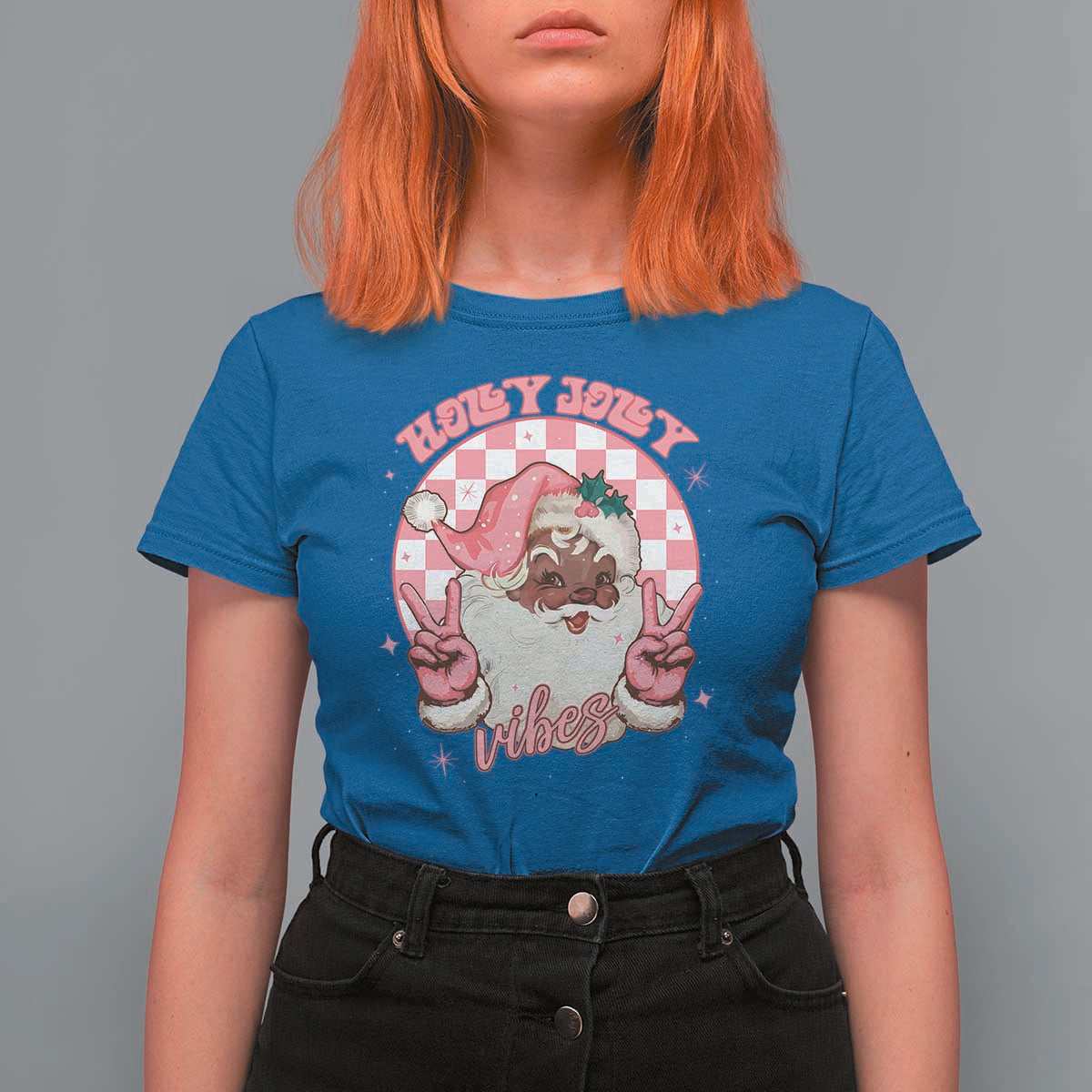 Funny Pink Christmas Retro Black Santa T Shirt For Women Holly Jolly Vibes - Wonder Print Shop