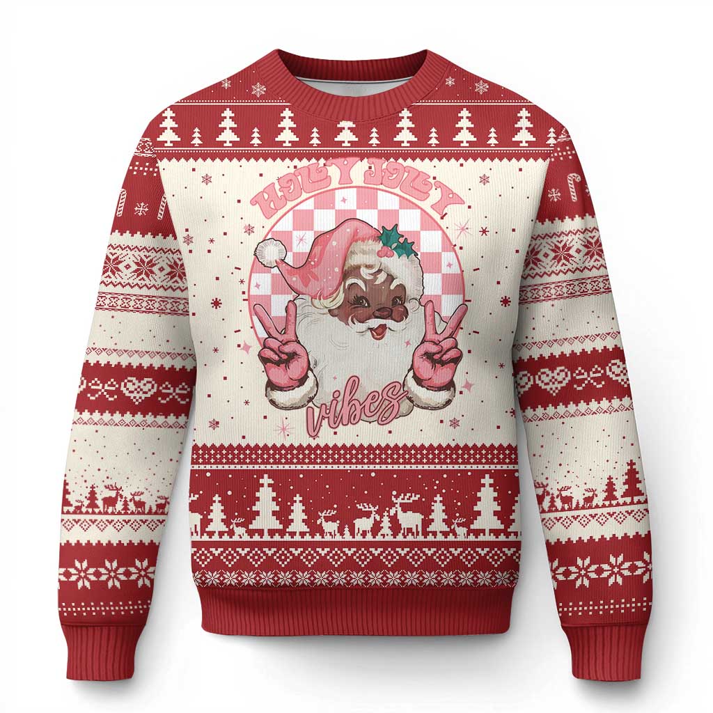 Funny Pink Xmas Retro Black Santa Ugly Christmas Sweater Holly Jolly Vibes - Wonder Print Shop