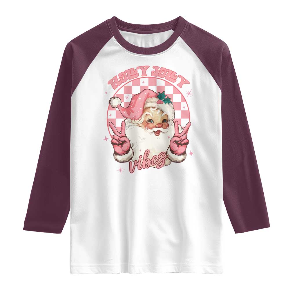 Funny Christmas Raglan Shirt Holly Jolly Vibes Retro Pink Santa - Wonder Print Shop