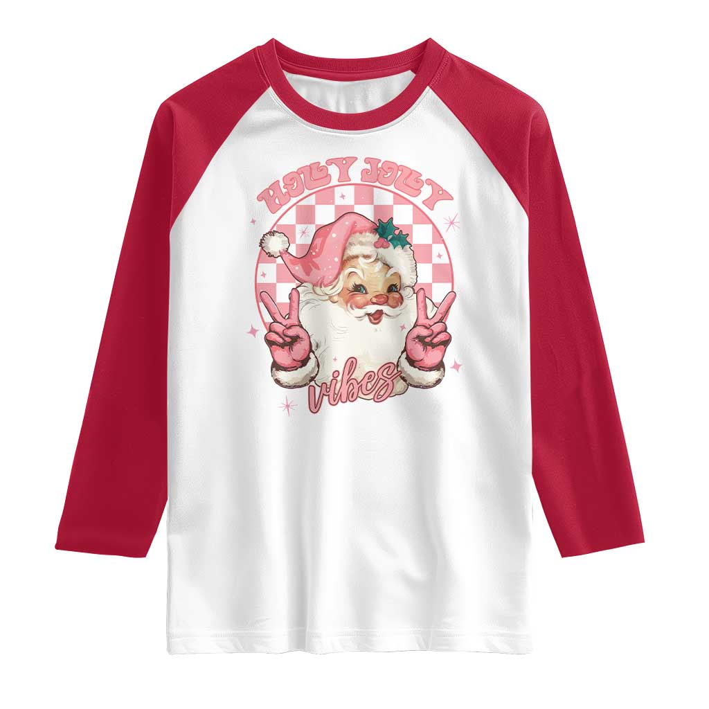 Funny Christmas Raglan Shirt Holly Jolly Vibes Retro Pink Santa - Wonder Print Shop