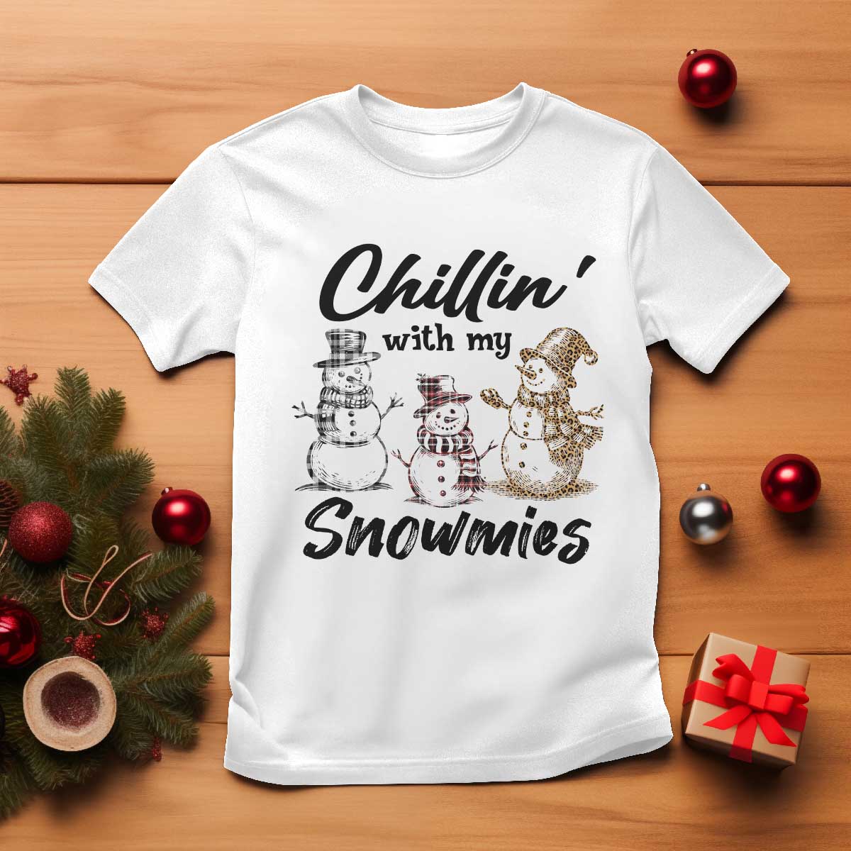 Funny Christmas T Shirt Chilln' With My Snowmies Plaid Snowman - Wonder Print Shop