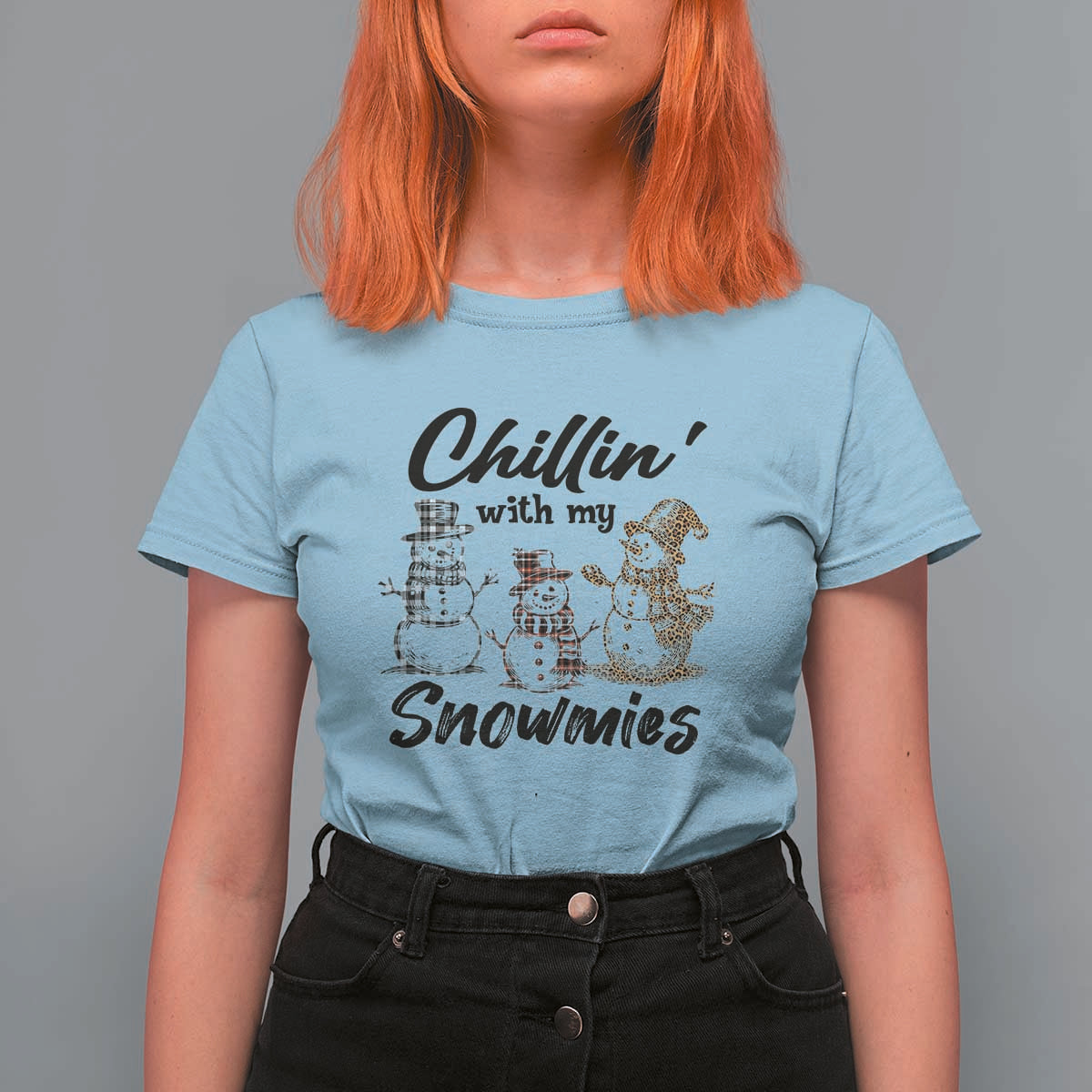 Funny Christmas T Shirt For Women Chilln' With My Snowmies Plaid Snowman - Wonder Print Shop