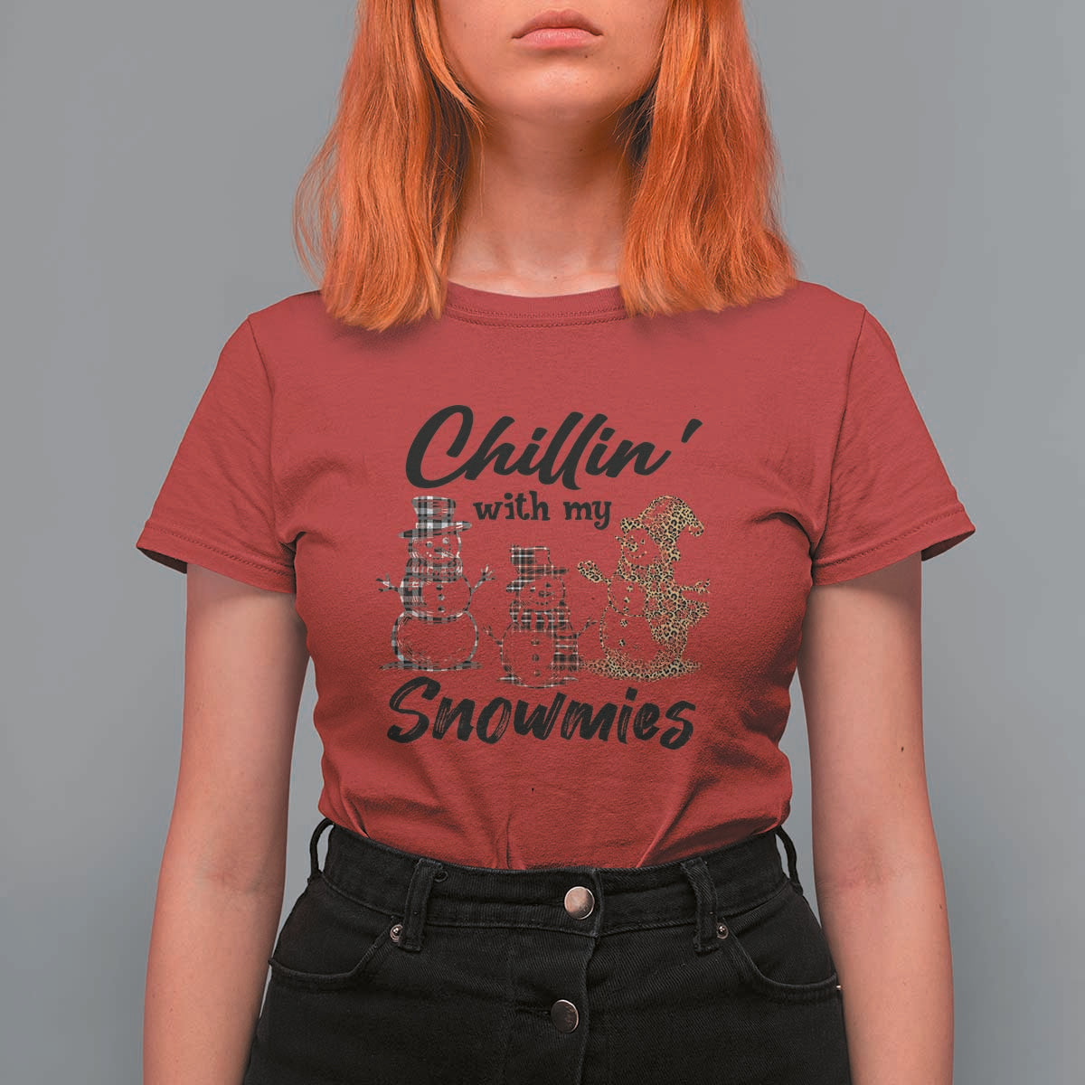 Funny Christmas T Shirt For Women Chilln' With My Snowmies Plaid Snowman - Wonder Print Shop