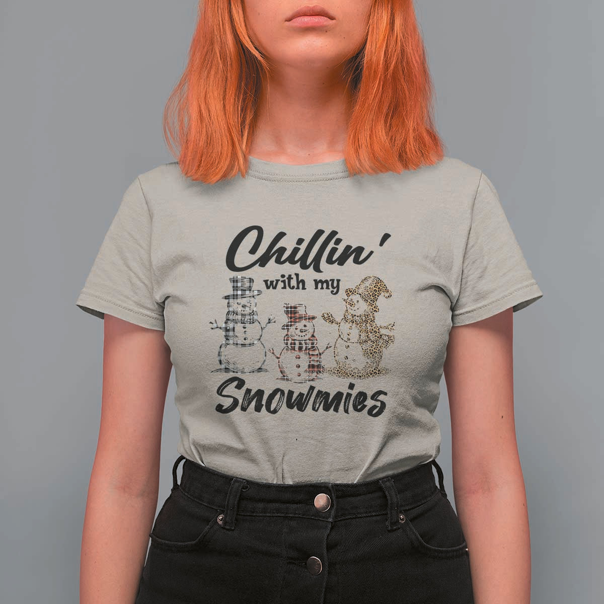 Funny Christmas T Shirt For Women Chilln' With My Snowmies Plaid Snowman - Wonder Print Shop