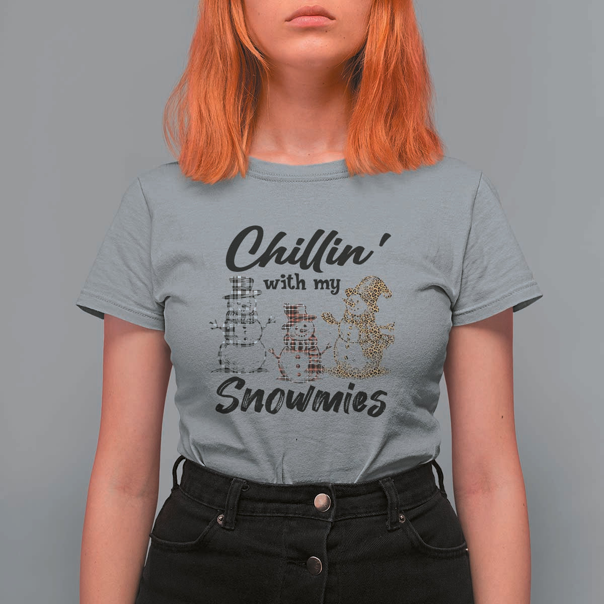 Funny Christmas T Shirt For Women Chilln' With My Snowmies Plaid Snowman - Wonder Print Shop