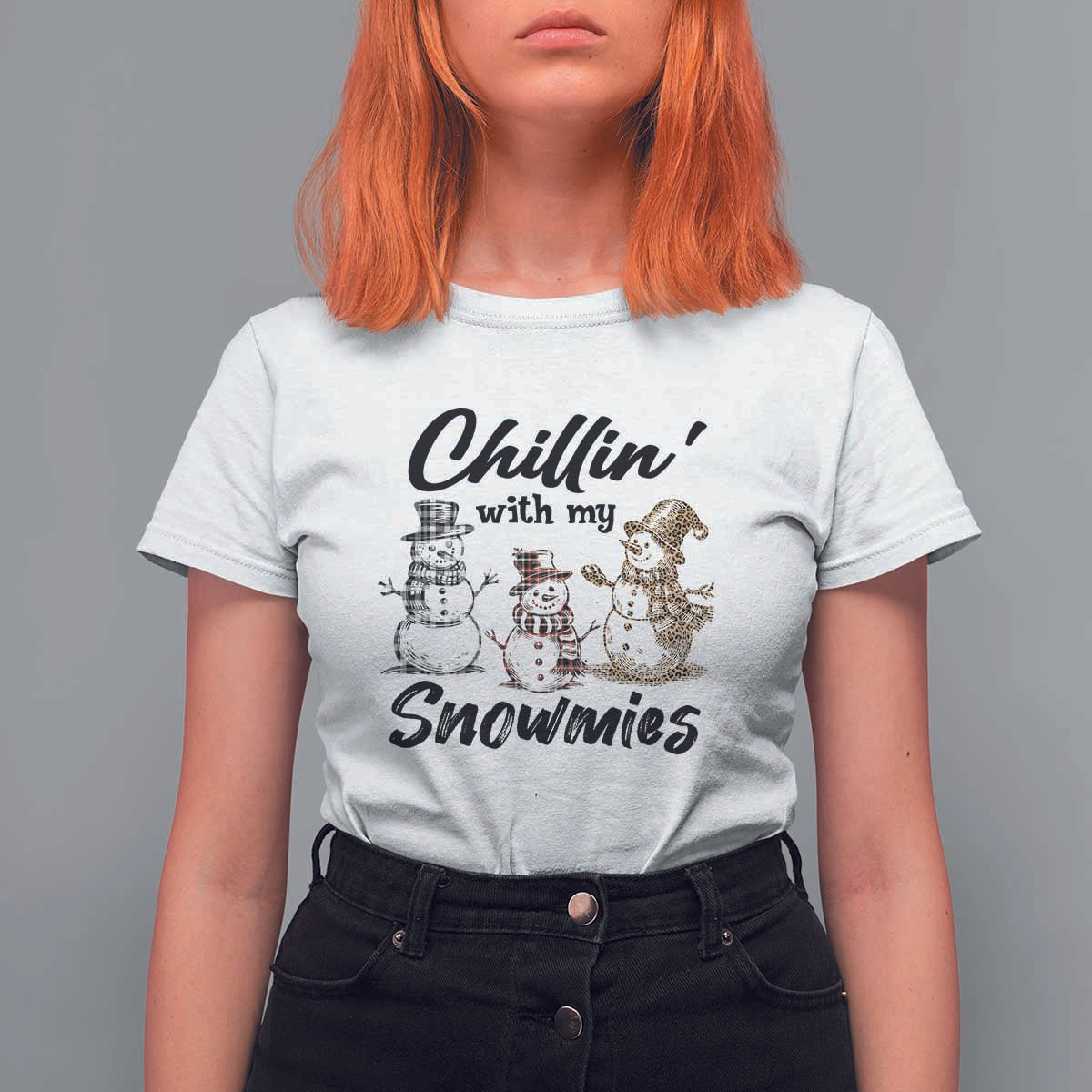 Funny Christmas T Shirt For Women Chilln' With My Snowmies Plaid Snowman - Wonder Print Shop