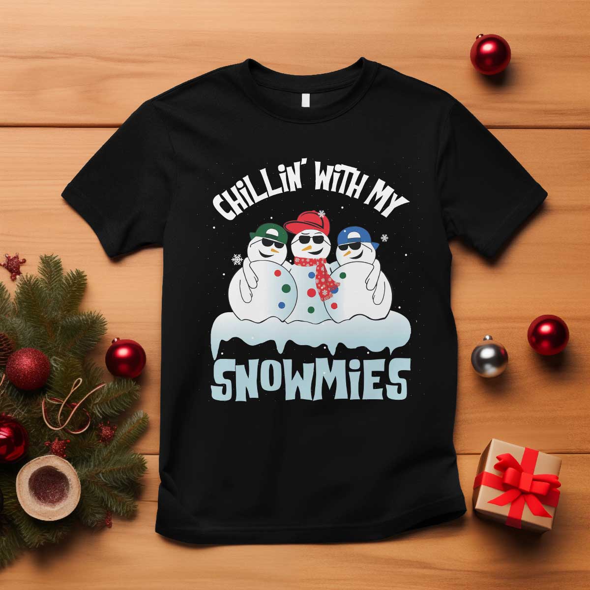 Funny Christmas Snowman T Shirt Chillin' With My Snowmies Squad - Wonder Print Shop