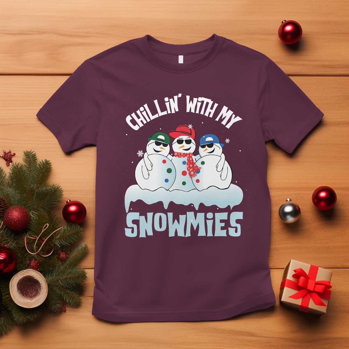 Funny Christmas Snowman T Shirt Chillin' With My Snowmies Squad - Wonder Print Shop