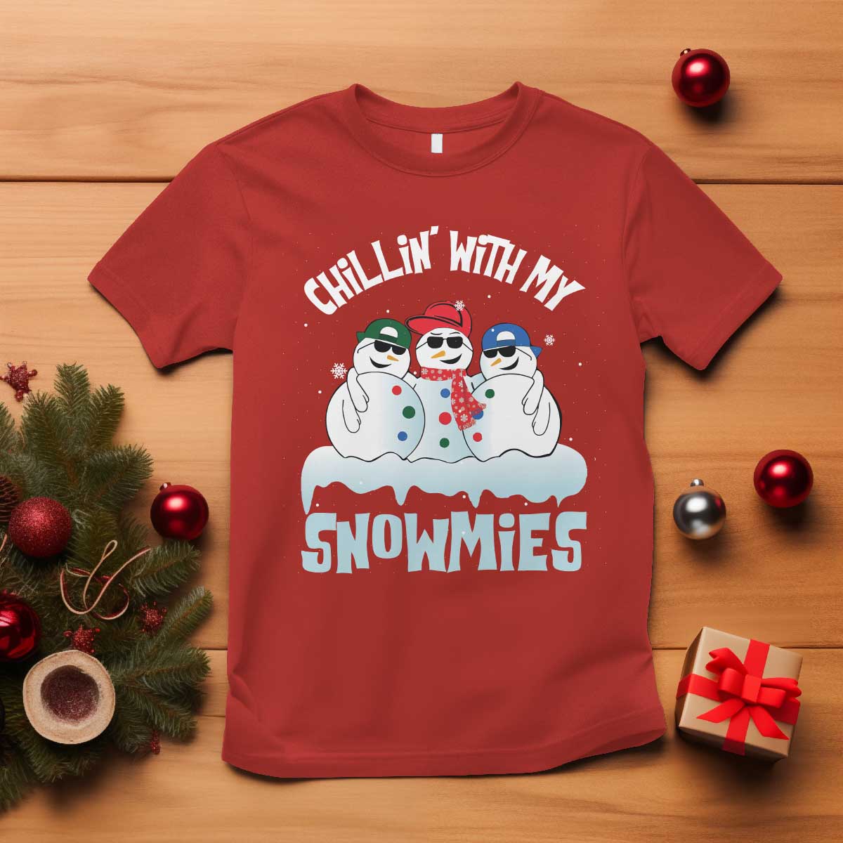 Funny Christmas Snowman T Shirt Chillin' With My Snowmies Squad - Wonder Print Shop