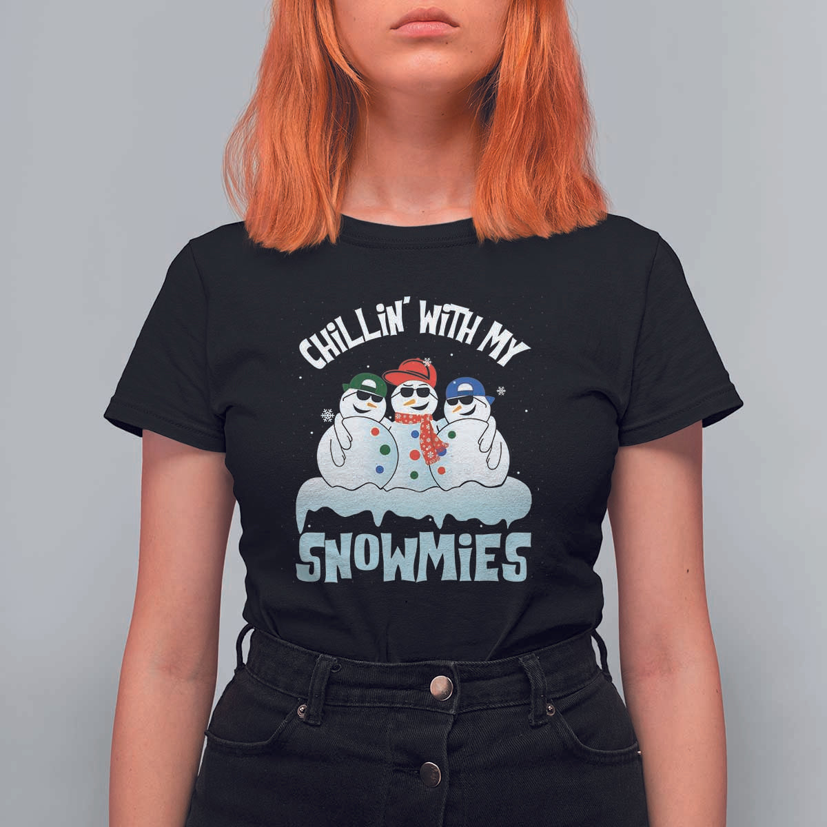 Funny Christmas Snowman T Shirt For Women Chillin' With My Snowmies Squad - Wonder Print Shop