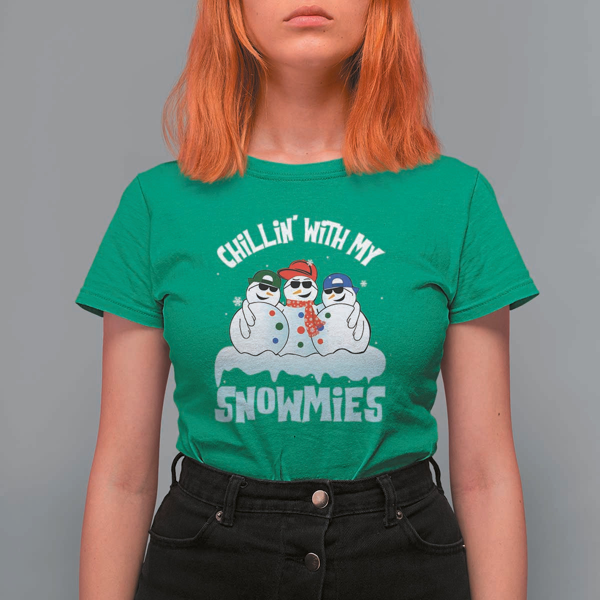 Funny Christmas Snowman T Shirt For Women Chillin' With My Snowmies Squad - Wonder Print Shop