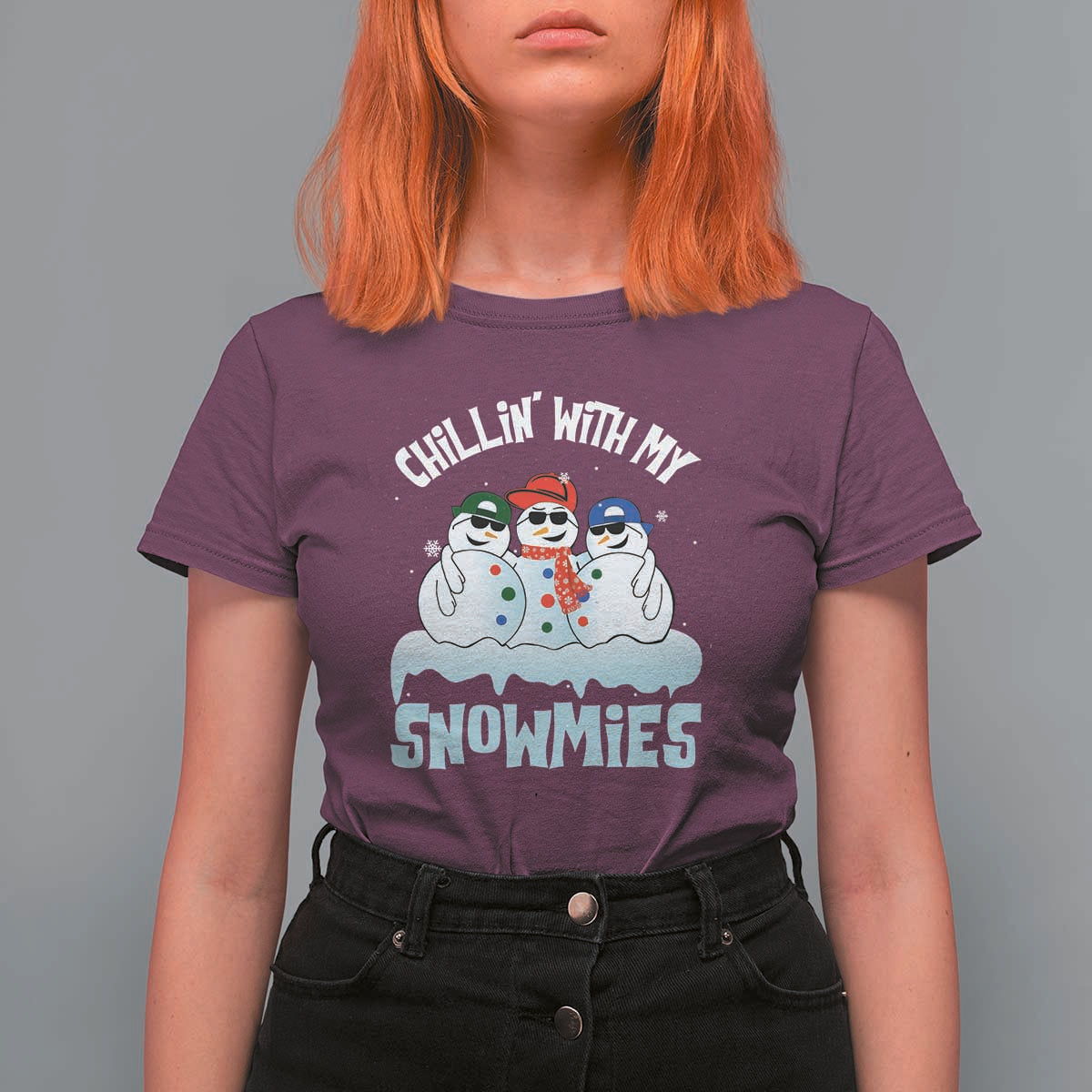 Funny Christmas Snowman T Shirt For Women Chillin' With My Snowmies Squad - Wonder Print Shop