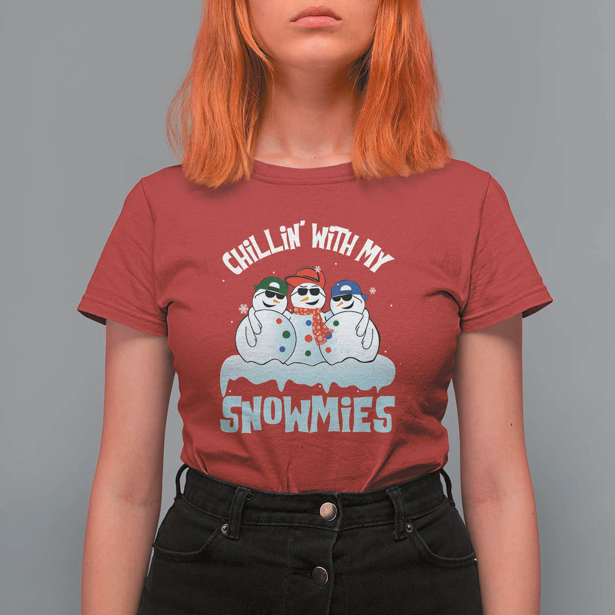 Funny Christmas Snowman T Shirt For Women Chillin' With My Snowmies Squad - Wonder Print Shop