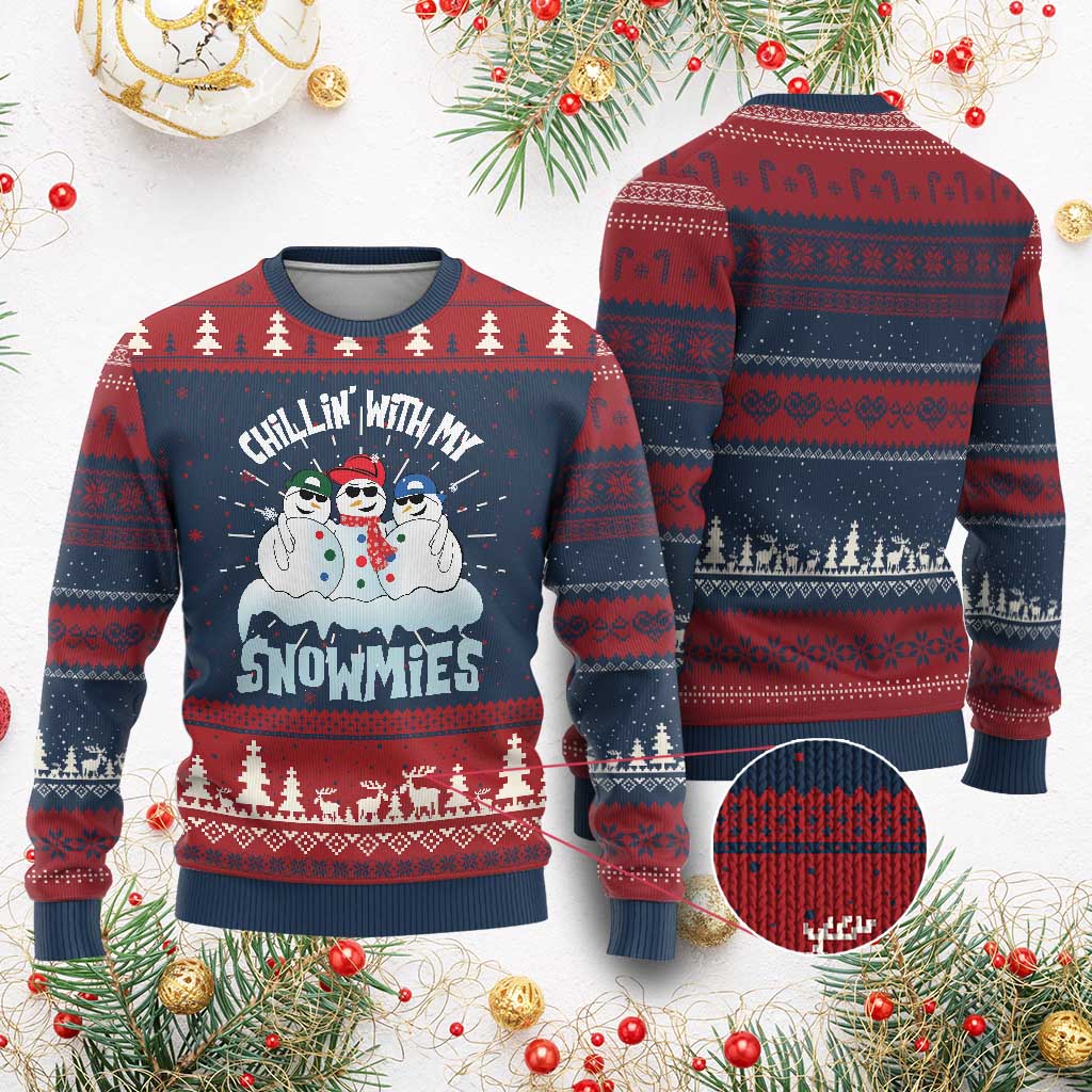 Funny Xmas Snowman Ugly Christmas Sweater Chillin' With My Snowmies Squad - Wonder Print Shop