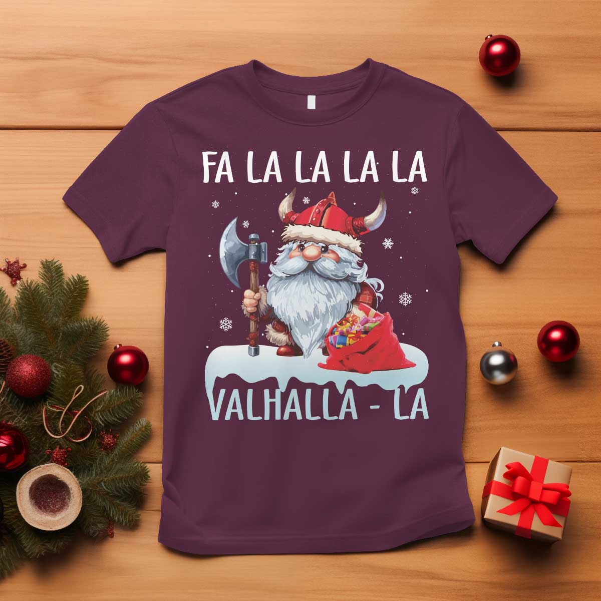 Viking Christmas T Shirt Fa La La La Valhalla La Viking Santa Gnome - Wonder Print Shop
