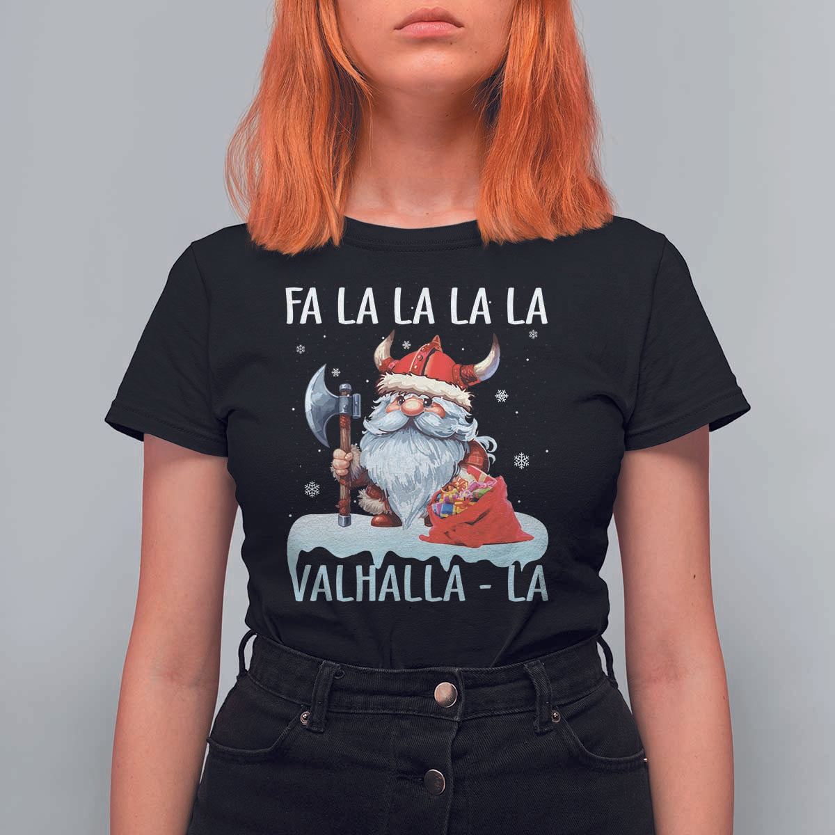 Viking Christmas T Shirt For Women Fa La La La Valhalla La Viking Santa Gnome - Wonder Print Shop