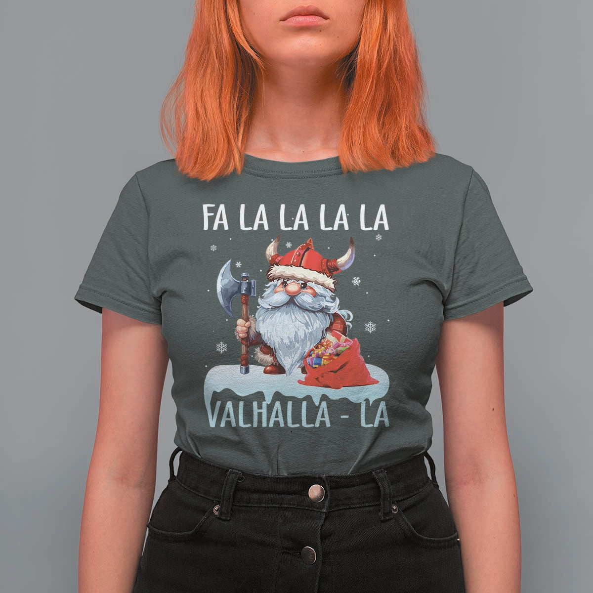 Viking Christmas T Shirt For Women Fa La La La Valhalla La Viking Santa Gnome - Wonder Print Shop