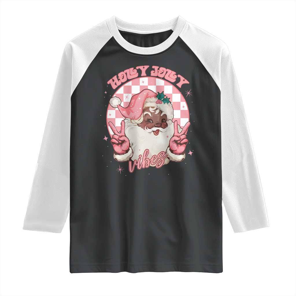 Funny Pink Christmas Retro Black Santa Raglan Shirt Holly Jolly Vibes - Wonder Print Shop