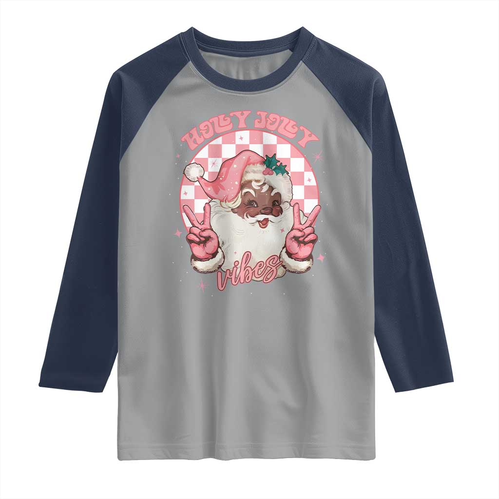 Funny Pink Christmas Retro Black Santa Raglan Shirt Holly Jolly Vibes - Wonder Print Shop