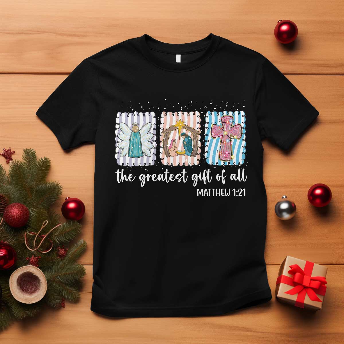 Christian Christmas T Shirt The Greatest Gift Of All Jesus Nativity Scene - Wonder Print Shop