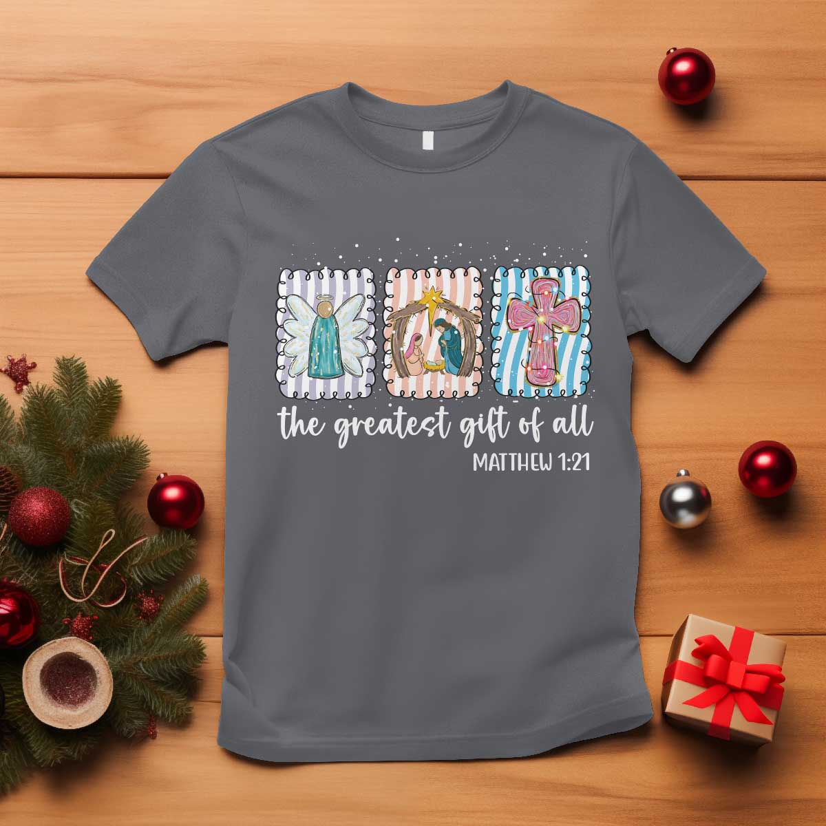 Christian Christmas T Shirt The Greatest Gift Of All Jesus Nativity Scene - Wonder Print Shop