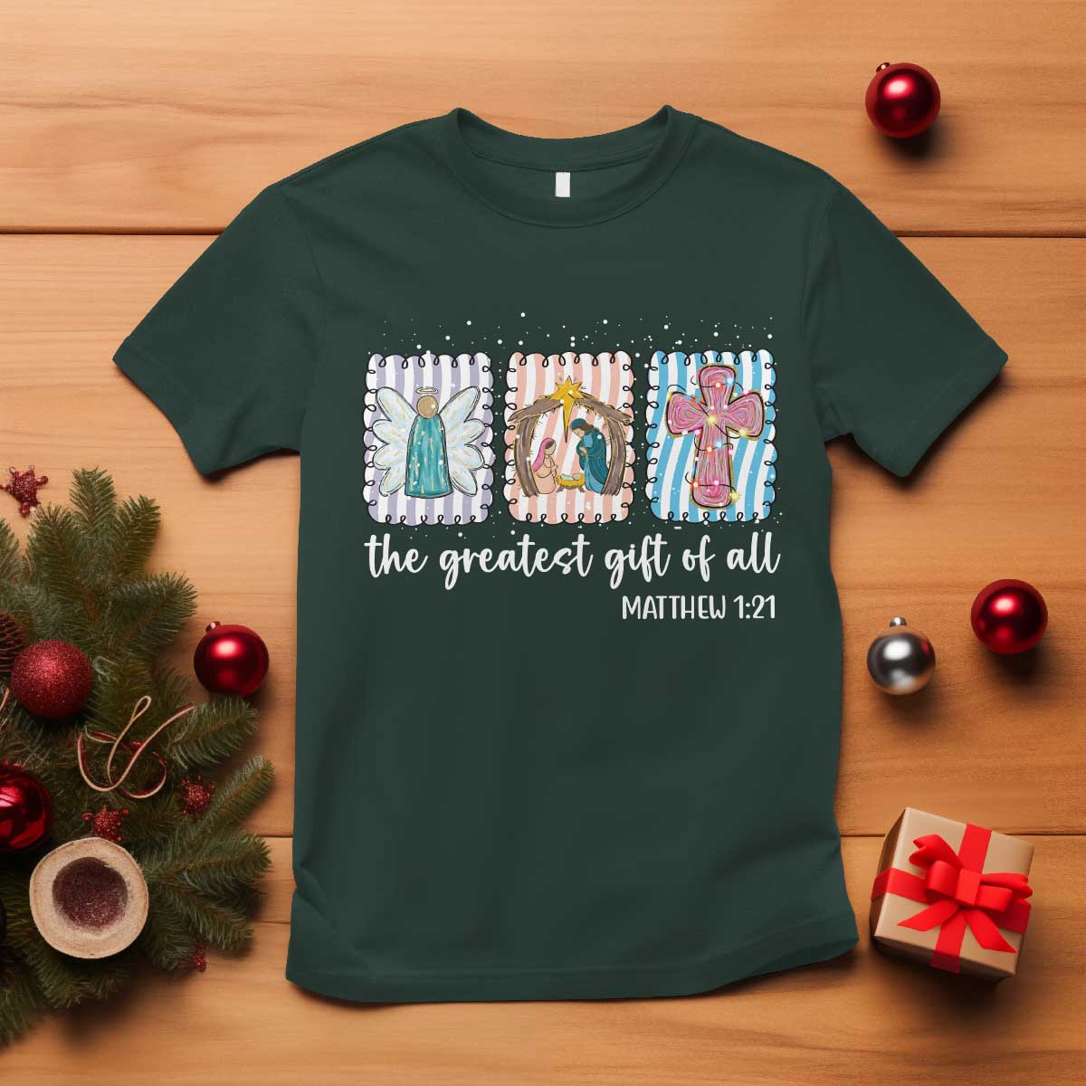 Christian Christmas T Shirt The Greatest Gift Of All Jesus Nativity Scene - Wonder Print Shop
