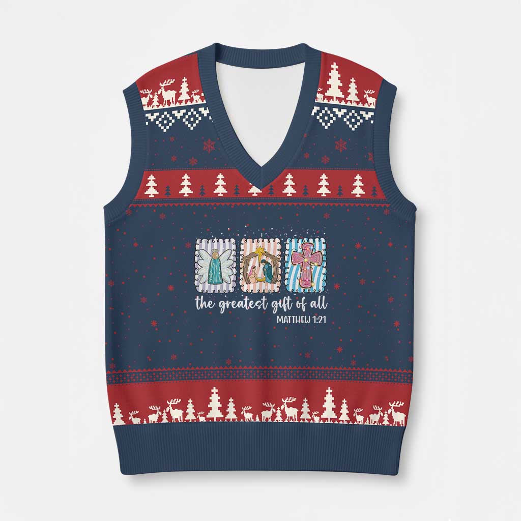 Christian Christmas V-Neck Knit Sweater Vest The Greatest Gift Of All Jesus Nativity Scene - Wonder Print Shop