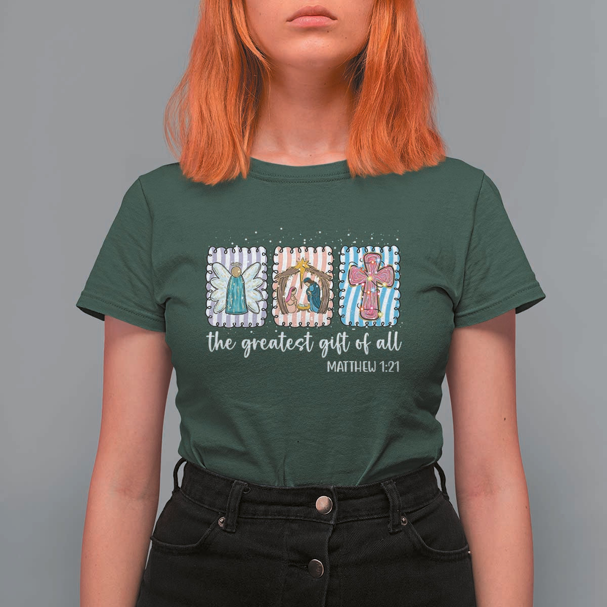 Christian Christmas T Shirt For Women The Greatest Gift Of All Jesus Nativity Scene - Wonder Print Shop