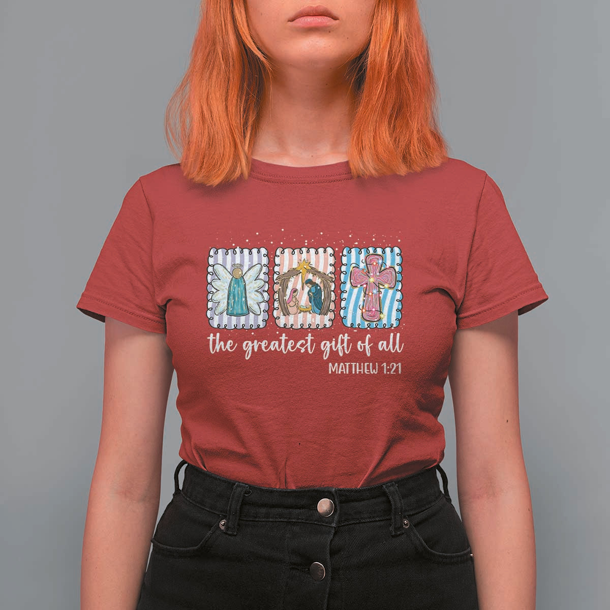 Christian Christmas T Shirt For Women The Greatest Gift Of All Jesus Nativity Scene - Wonder Print Shop
