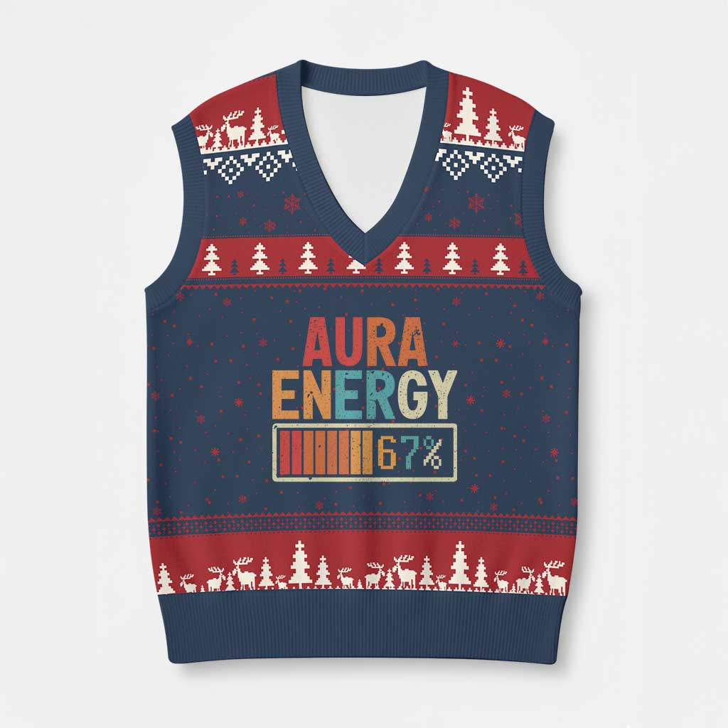 Funny Aura Energy At 67 V-Neck Knit Sweater Vest Six Seven Meme Gen Alpha Slang - Wonder Print Shop