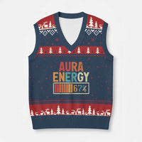 Funny Aura Energy At 67 V-Neck Knit Sweater Vest Six Seven Meme Gen Alpha Slang - Wonder Print Shop