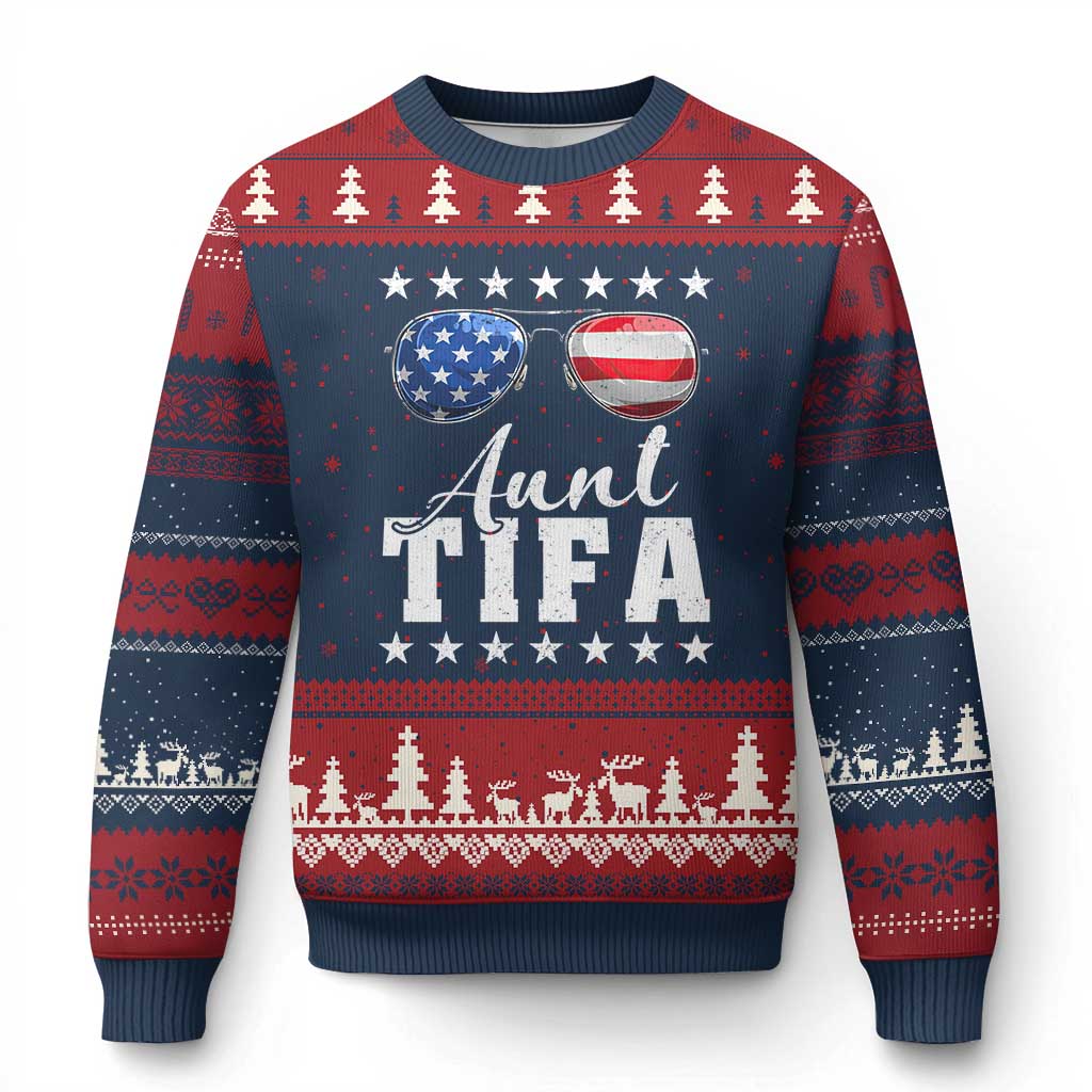 Funny Aunt Tifa Ugly Christmas Sweater Political Satire American Flag Sunglasses - Wonder Print Shop